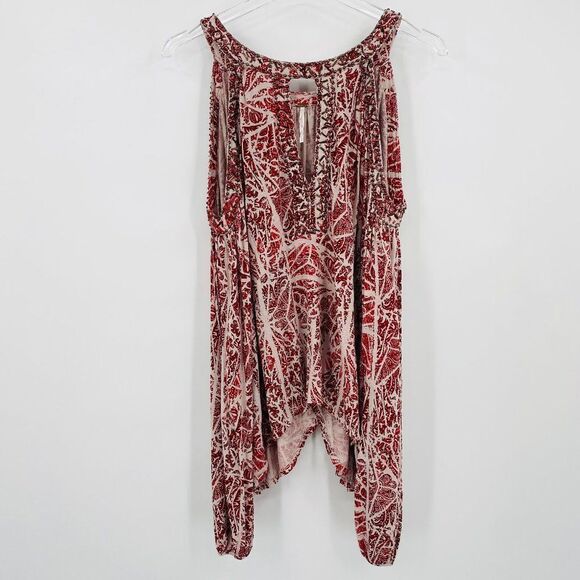 Free People Size Small Red & Gray Beaded Good Morning Cold Shoulder Tunic Top - Picture 2 of 11